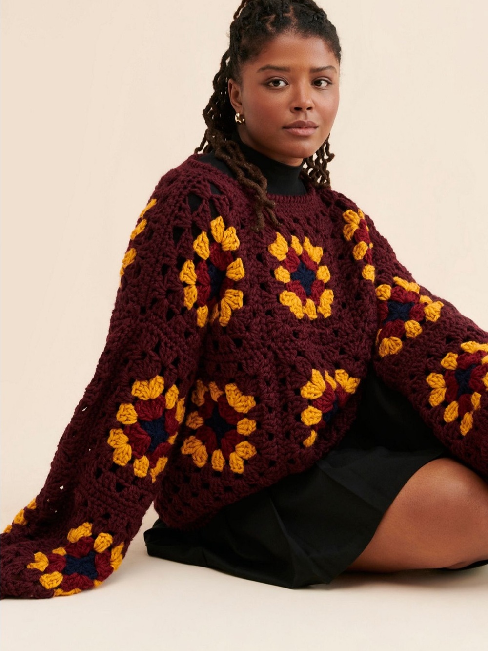 Crochet Pullover Sweater in Burgundy with Mustard Accents